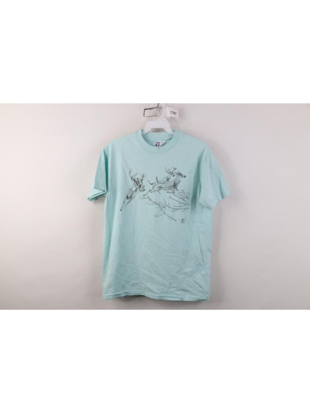 Vintage 80s Mens Medium Distressed Game Calls Deer Buck Nature T-Shirt USA Blue